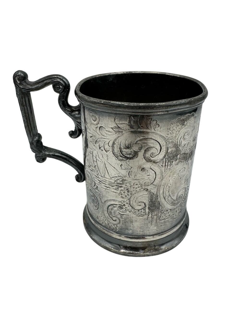 1850's Pewter Handled Engraved Baby Cup